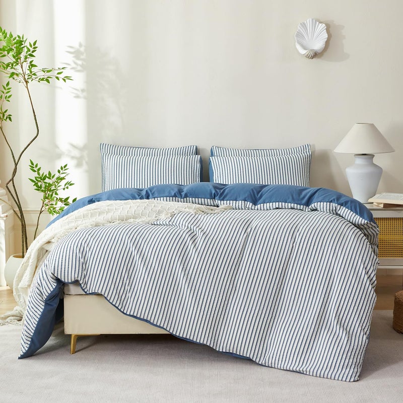 BUPIRD غطاء لحاف كينغ حجم أزرق دينيم مخطط م��يكروفايبر مغسول جاكار 3 قطع أزرق كوين مخطط، مع إغلاق بسحاب وربطات الزوايا، خفيف الوزن ناعم مريح قابل للتنفس - Image 5