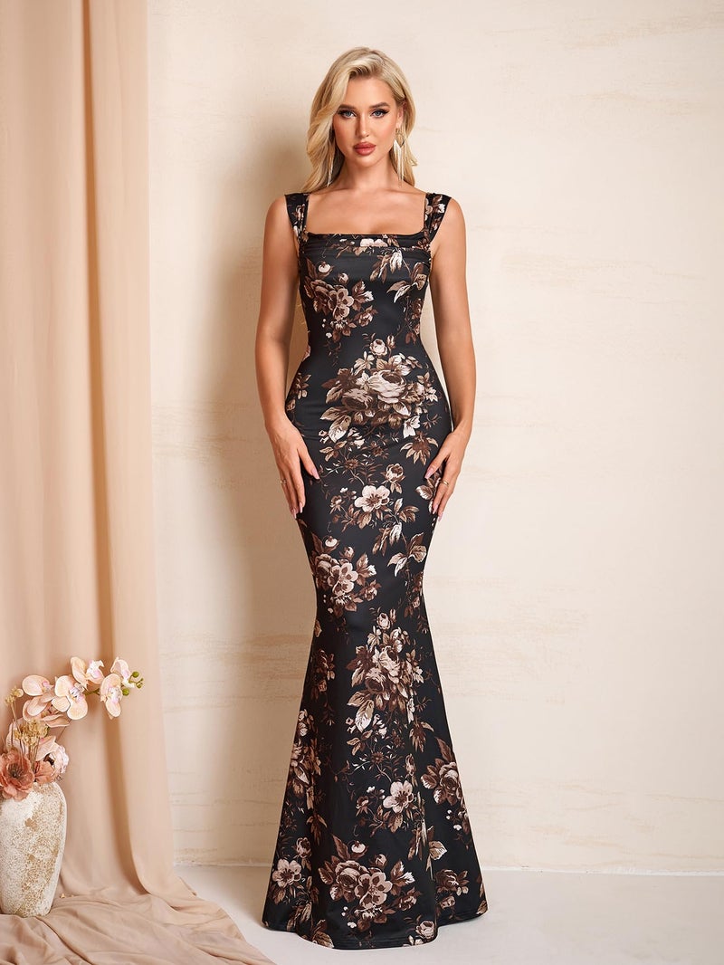 HTZMO Women Floral Wedding Guest Bodycon Maxi Dress Summer Cowl Neck Formal Party Elegant Long Dresses 2026 BlackFloral M - Image 4