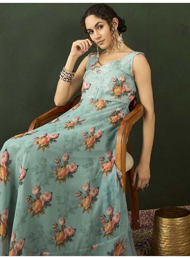 AKS Sea Green Floral Print Georgette A-Line Maxi Dress  - Image 1