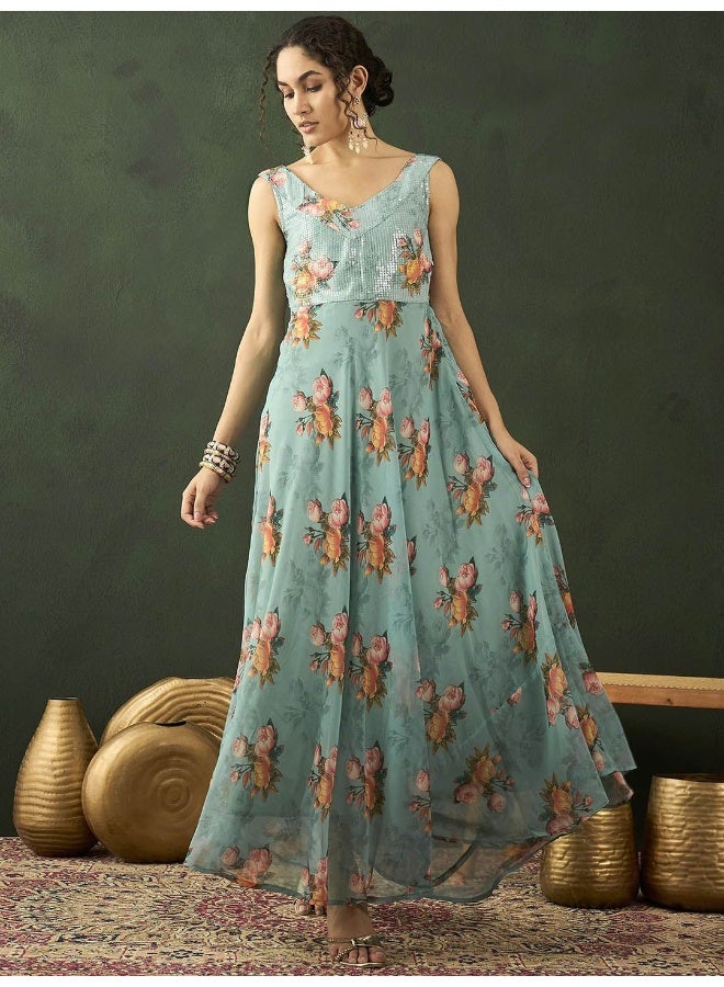 AKS Sea Green Floral Print Georgette A-Line Maxi Dress  - Image 3