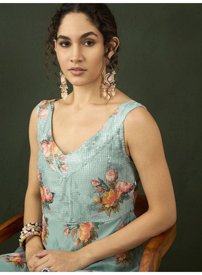 AKS Sea Green Floral Print Georgette A-Line Maxi Dress  - Image 2