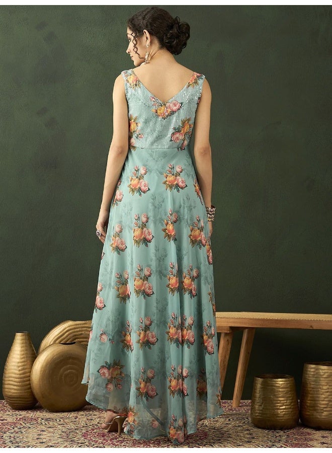 AKS Sea Green Floral Print Georgette A-Line Maxi Dress  - Image 4