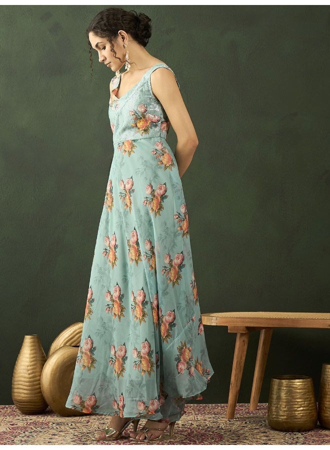 AKS Sea Green Floral Print Georgette A-Line Maxi Dress  - Image 5