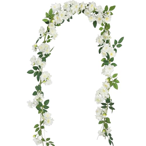 GhuaH 2 Pcs Artificial Flowers Garland for Outdoors White Faux Gardenia Garland 12Ft Silk Rose Hanging Vines Floral for Wedding Arch Party Wall Garden Ceremony Backdrop Fence Spring Decor - Image 1