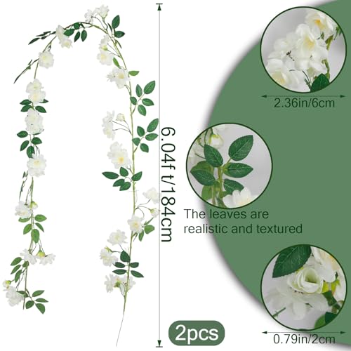 GhuaH 2 Pcs Artificial Flowers Garland for Outdoors White Faux Gardenia Garland 12Ft Silk Rose Hanging Vines Floral for Wedding Arch Party Wall Garden Ceremony Backdrop Fence Spring Decor - Image 2