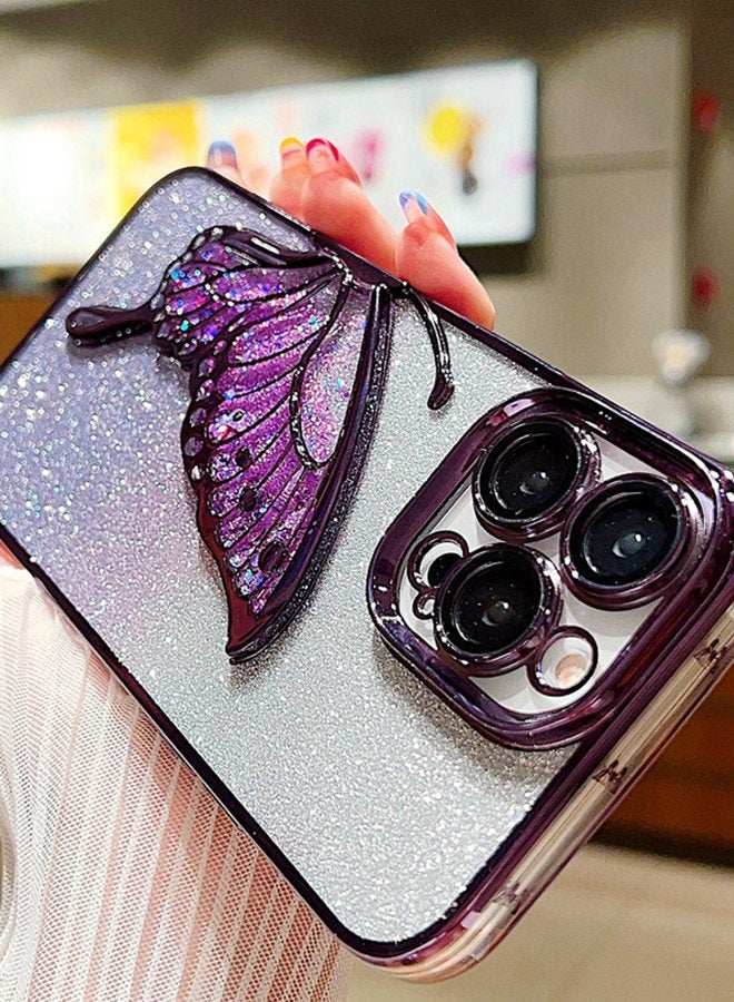 Glitter Case for iPhone 16 Pro Max，Sparkly Elegant Butterfly，Camera Lens Protector， Premium Fashion Luxury Gradient Shockproof iPhone 16 Pro Max Cover﻿ for Women Girls Gift，Purple - Image 2