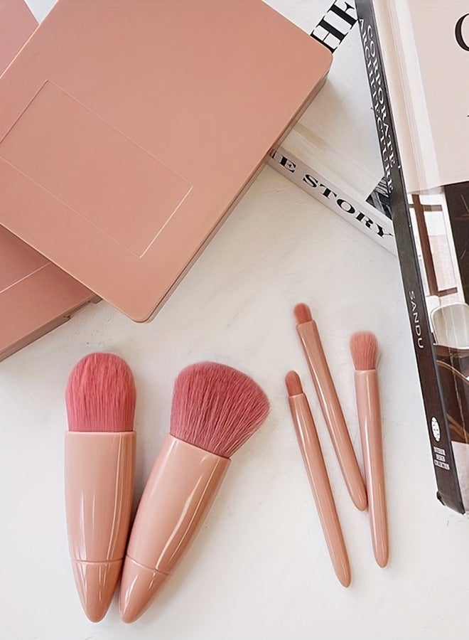 5pcs/set Portable Mini Makeup Brush Set With Mirror And Case - Soft Fiber Hair Powder And Eye Shadow Brushes For Professional Beauty Tools - Image 5
