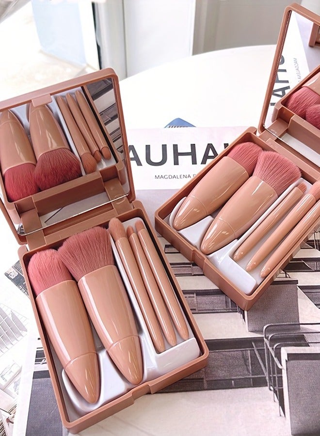 5pcs/set Portable Mini Makeup Brush Set With Mirror And Case - Soft Fiber Hair Powder And Eye Shadow Brushes For Professional Beauty Tools - Image 1