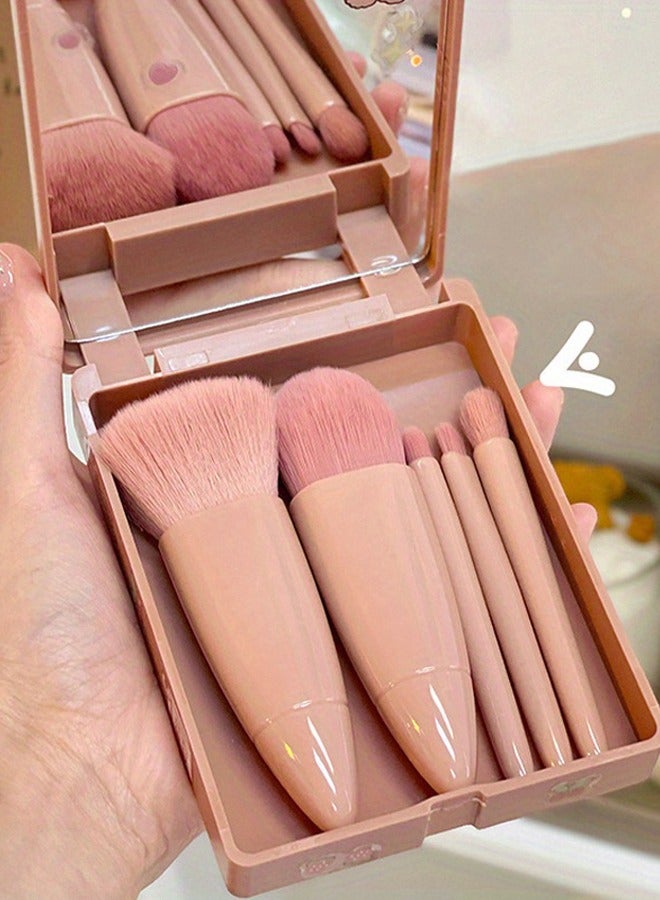 5pcs/set Portable Mini Makeup Brush Set With Mirror And Case - Soft Fiber Hair Powder And Eye Shadow Brushes For Professional Beauty Tools - Image 3