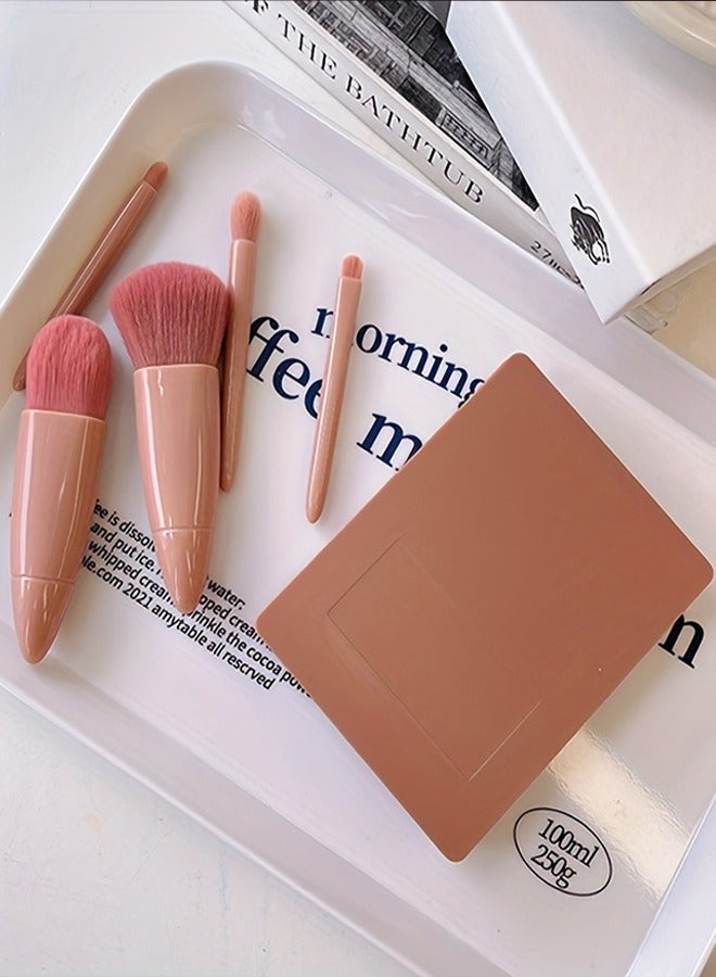 5pcs/set Portable Mini Makeup Brush Set With Mirror And Case - Soft Fiber Hair Powder And Eye Shadow Brushes For Professional Beauty Tools - Image 2