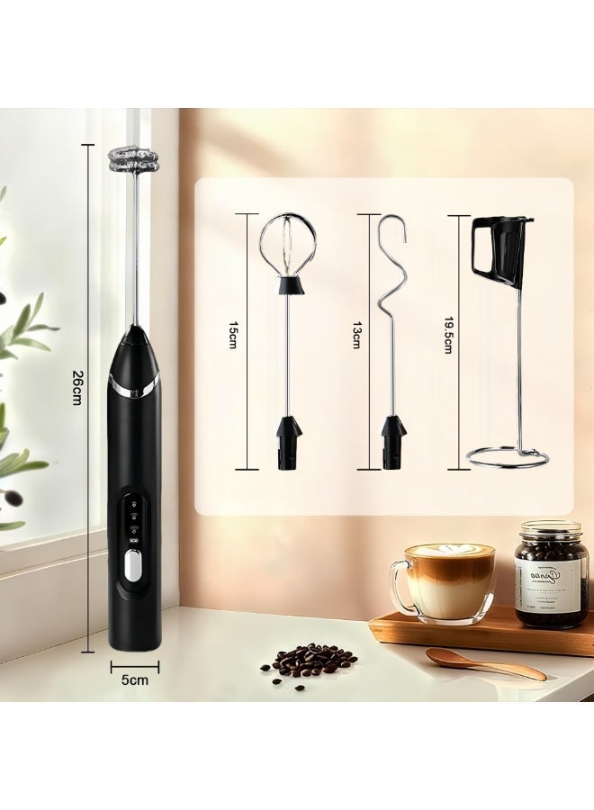 أنمي خفاقة حليب كهربائية احترافية مع حامل - صانع رغوة قهوة قابل للشحن بـ 3 سرعات - طقم مزيج المشروبات مع 3 رؤوس خفق ستانلس ستيل للقهوة والماتشا والشوكولاتة الساخنة - Image 2