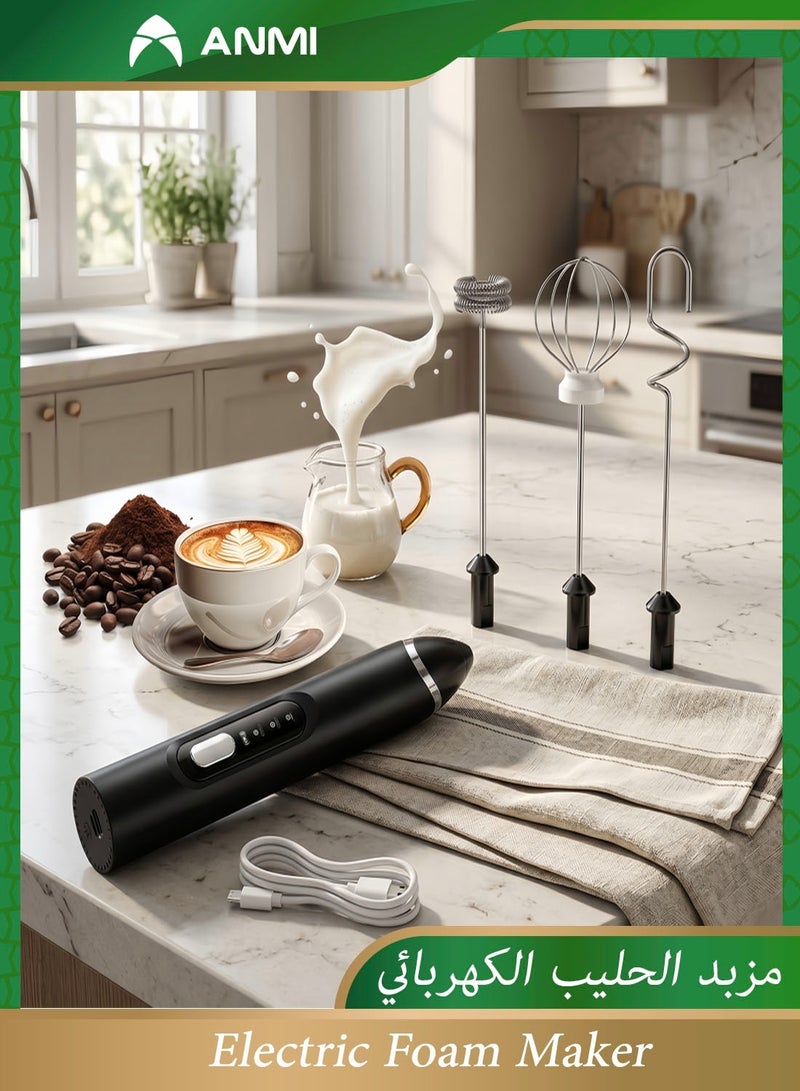 أنمي خفاقة حليب كهربائية احترافية مع حامل - صانع رغوة قهوة قابل للشحن بـ 3 سرعات - طقم مزيج المشروبات مع 3 رؤوس خفق ستانلس ستيل للقهوة والماتشا والشوكولاتة الساخنة - Image 1