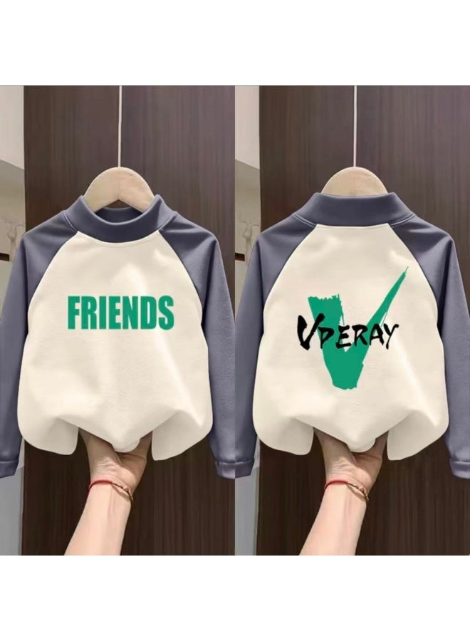 Children's Velvet Base Layer Shirt Winter Warm Top Trendy Autumn & New Style Boys Girls Raglan Splicing Long Sleeve T-shirt