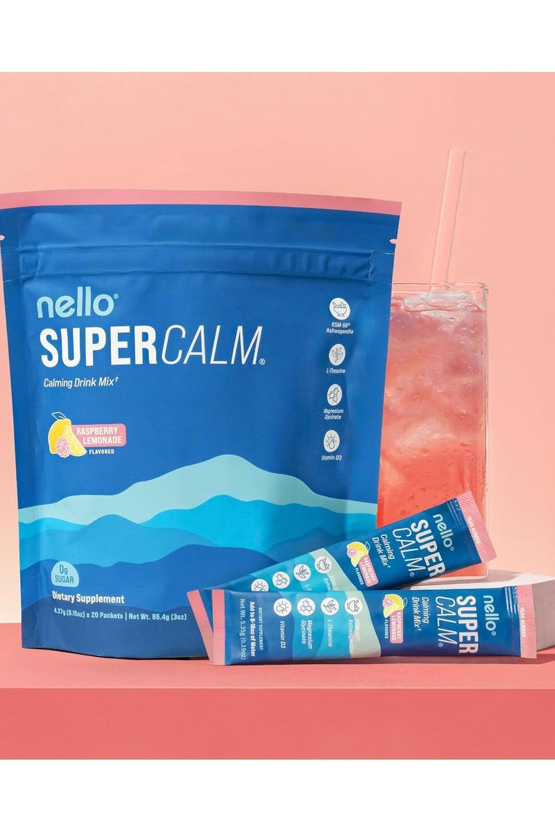 Nello Supercalm Powdered Drink Mix, Raspberry Lemonade, L Theanine, Ksm-66 Ashwagandha, Magnesium Glycinate, Vitamin D 3, Supplements for Relaxation & Focus, No Sugar, Non GMO, On The Go, 20 Ct - Image 2