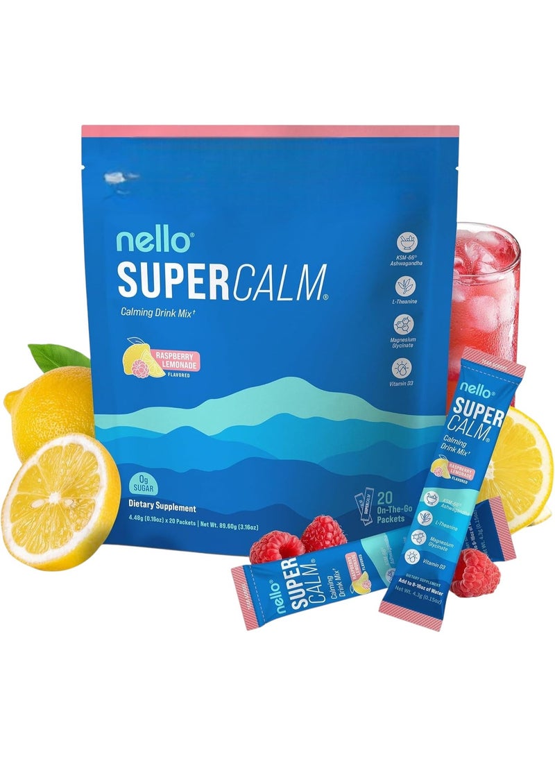 Nello Supercalm Powdered Drink Mix, Raspberry Lemonade, L Theanine, Ksm-66 Ashwagandha, Magnesium Glycinate, Vitamin D 3, Supplements for Relaxation & Focus, No Sugar, Non GMO, On The Go, 20 Ct - Image 1