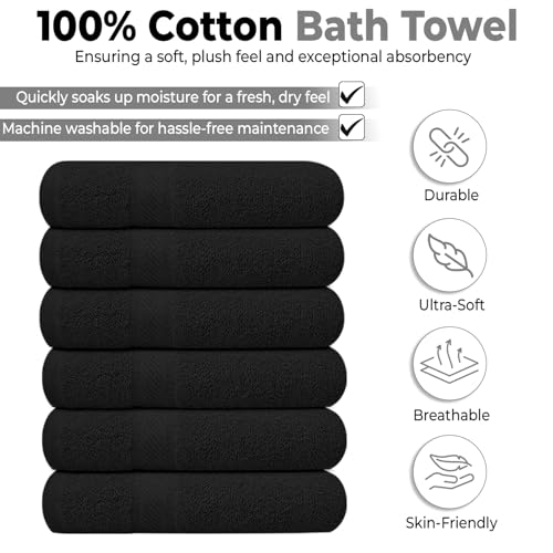 KAHAF COLLECTION 6 Pack Bath Towels Set 27 x 54 Inches 100 Ring Spun Cotton Lightweight Quick Dry Highly Absorbent Towels Black 27x54 Inches - Image 3