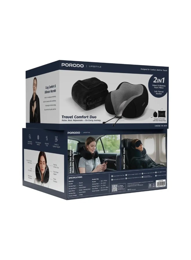 porodo Travel Comfort Duo Neck Pillow & Flannel Blanket Set with Memory Foam, Adjustable Clasp, Dual Storage Bags, Compact Portable Travel Kit - Black - Image 3