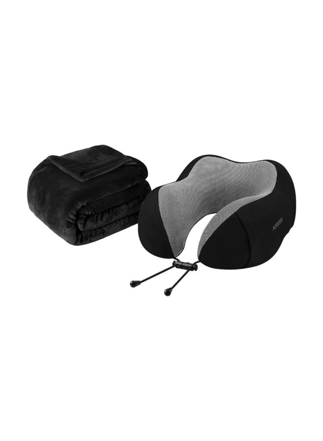 porodo Travel Comfort Duo Neck Pillow & Flannel Blanket Set with Memory Foam, Adjustable Clasp, Dual Storage Bags, Compact Portable Travel Kit - Black - Image 1