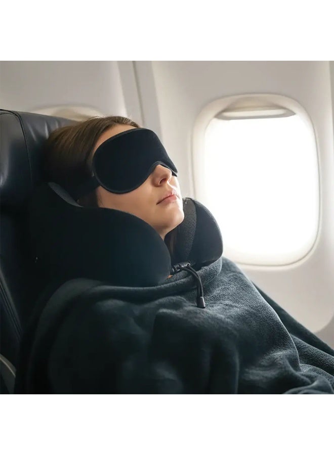 porodo Travel Comfort Duo Neck Pillow & Flannel Blanket Set with Memory Foam, Adjustable Clasp, Dual Storage Bags, Compact Portable Travel Kit - Black - Image 2