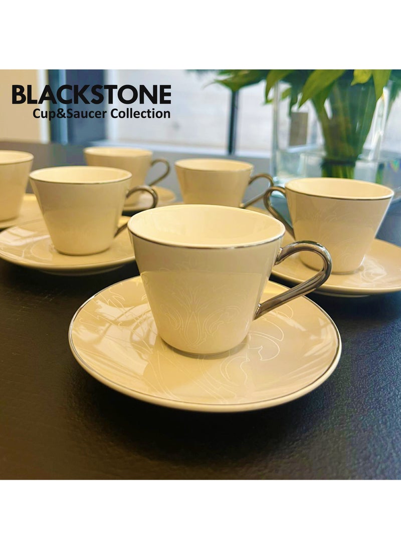 BLACKSTONE - Tea Cup & Saucer Set 12 Pcs Fine Porcelain 215ml Tea Sets,Comprises 6 Cups and 6 Saucers - Image 1