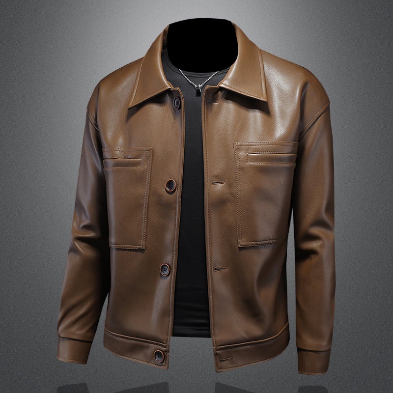 Men'S Korean Style Leather Jacket Casual Pu Leather Jacket Men'S Short Motorcycle Jacket - Image 4