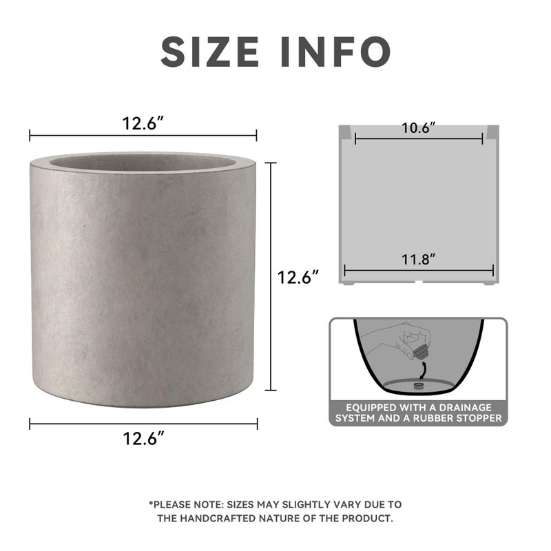Kante 12.6" Dia Round Concrete Planter, Modern Style Large Cylindrical Plant Pot with Drainage Hole and Rubber Plug for Indoor Outdoor Patio, Weathered Concrete - Image 2