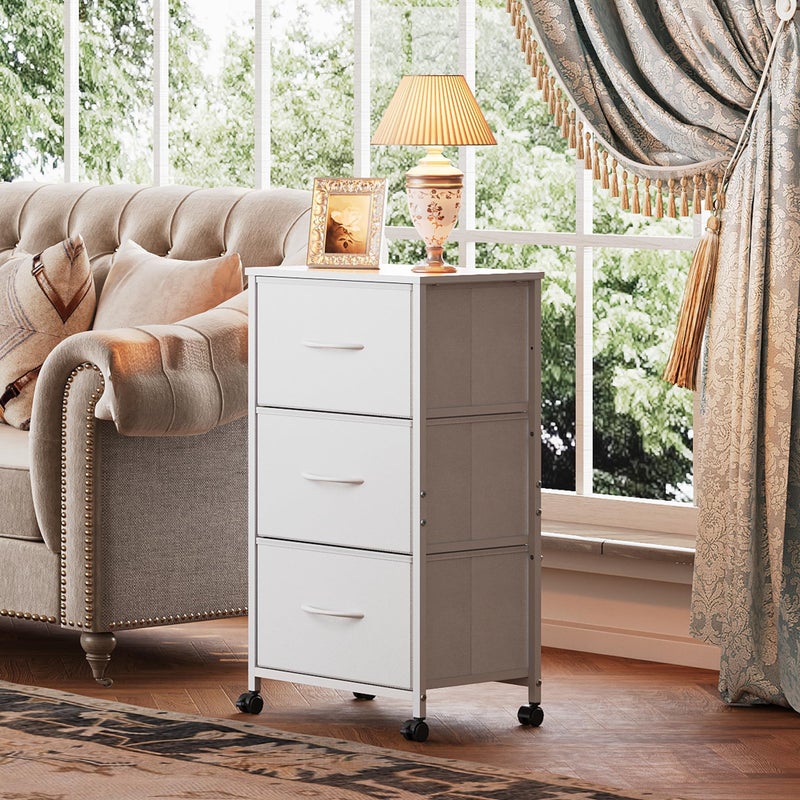 WLIVE Dresser with 3 Drawers, Fabric Nightstand, Cabinet with Wheels, Organizer Storage Dresser for Bedroom, Office, Entryway, Closets, Sturdy Steel Frame, Wood Top, Easy Pull Handle, White - Image 3