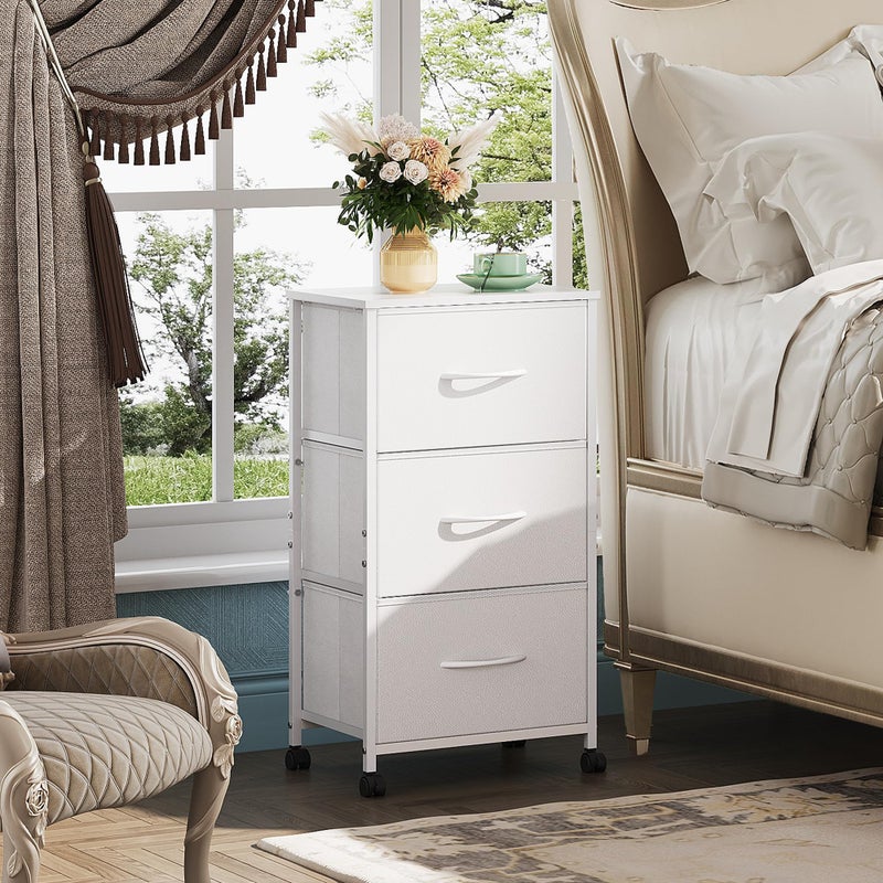 WLIVE Dresser with 3 Drawers, Fabric Nightstand, Cabinet with Wheels, Organizer Storage Dresser for Bedroom, Office, Entryway, Closets, Sturdy Steel Frame, Wood Top, Easy Pull Handle, White - Image 2