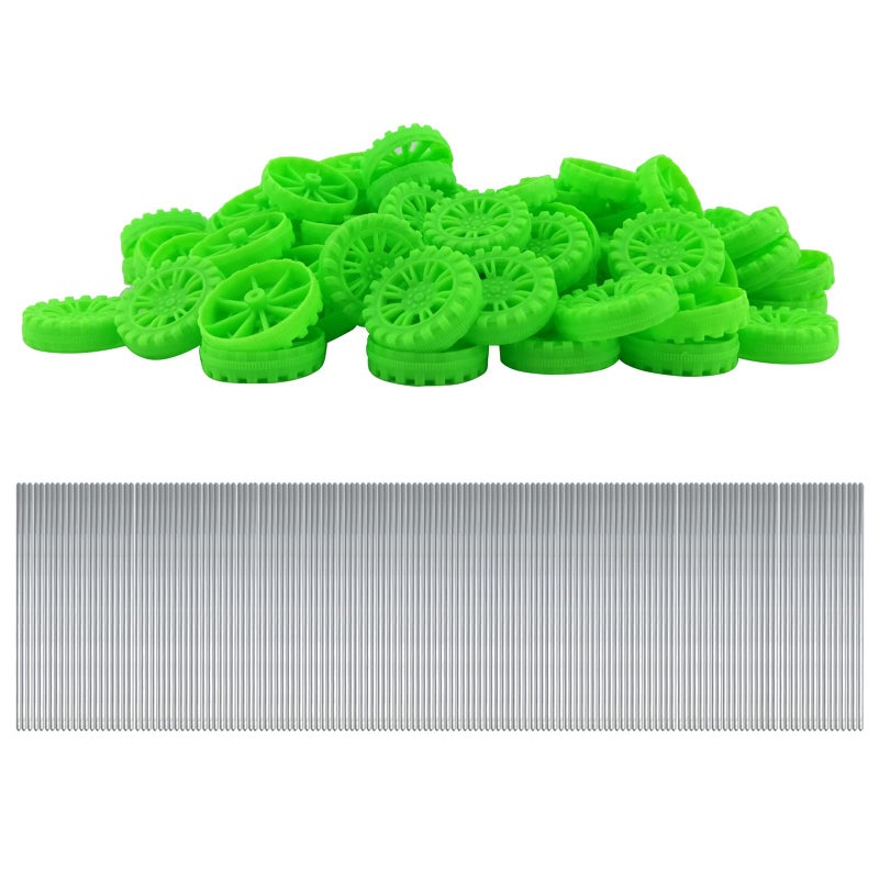EUDAX EUDAX 300 PCS 30mmx8mm Plastic Roll 2mm Dia Shaft Toys Wheel and 2mmx100mm STEM Shaft Round Rod Axles for DIY Toy RC Car Truck Boat Helicopter Model Part Building Projects (Green)  - Image 1