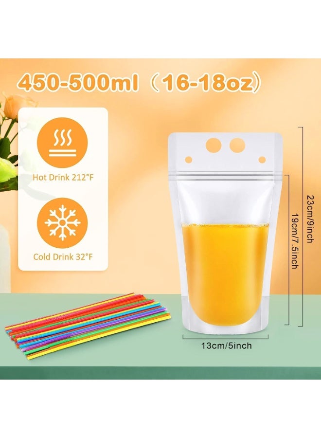 100 Pack Clear Drink Pouches with Straws Plastic Juice Pouches for Adults and Kids, Disposable Drink Bags Stand up Zipper Drinking Pouches for Smoothie Juice Coffee Tea, Birthday Party Favor - Image 3