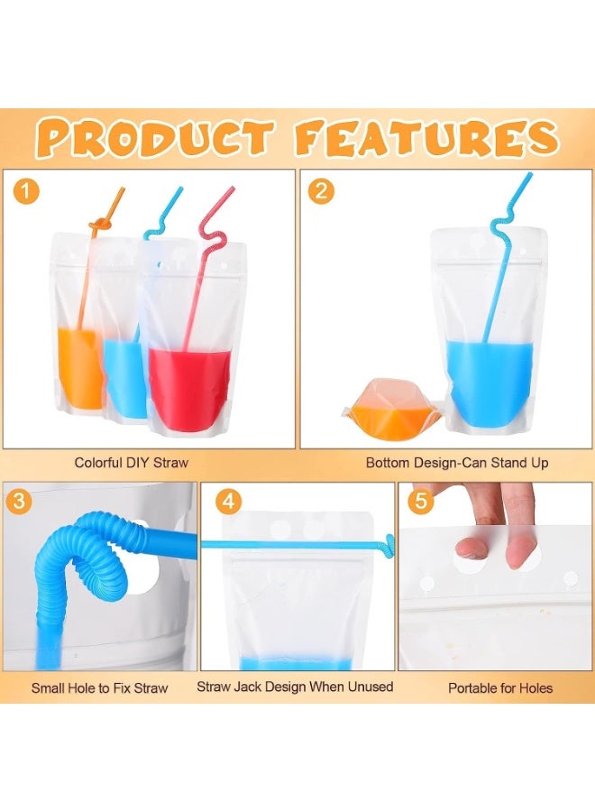 100 Pack Clear Drink Pouches with Straws Plastic Juice Pouches for Adults and Kids, Disposable Drink Bags Stand up Zipper Drinking Pouches for Smoothie Juice Coffee Tea, Birthday Party Favor - Image 4