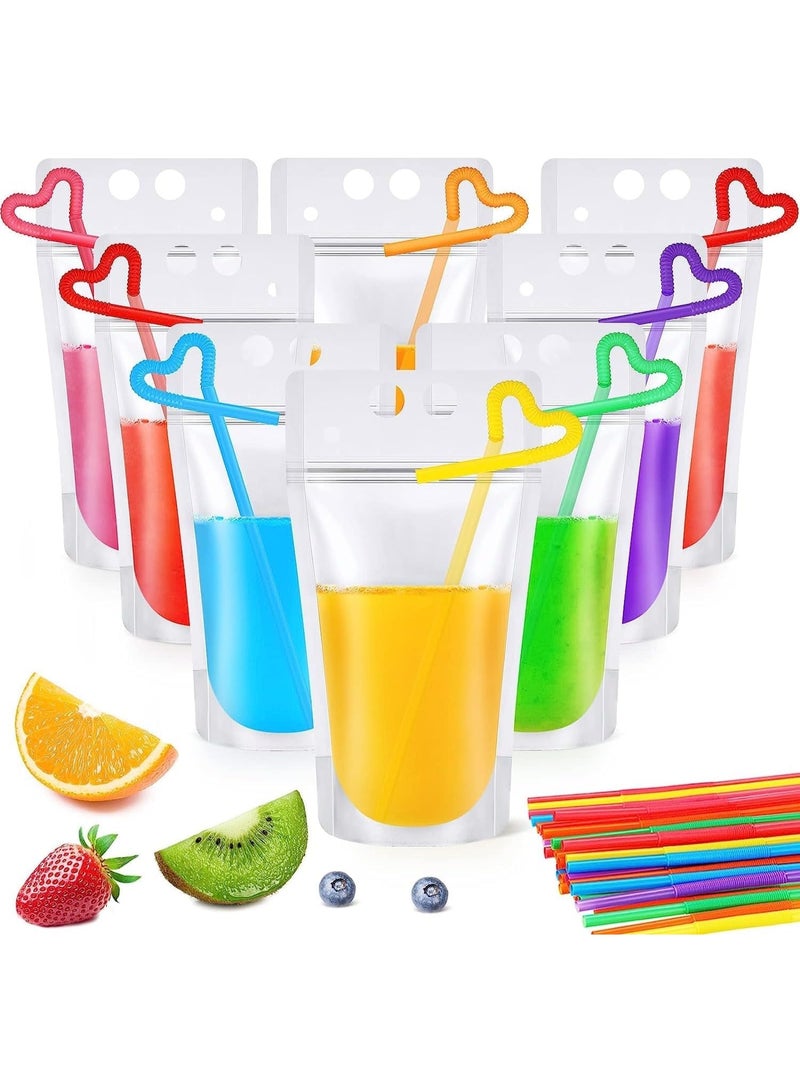 100 Pack Clear Drink Pouches with Straws Plastic Juice Pouches for Adults and Kids, Disposable Drink Bags Stand up Zipper Drinking Pouches for Smoothie Juice Coffee Tea, Birthday Party Favor - Image 1