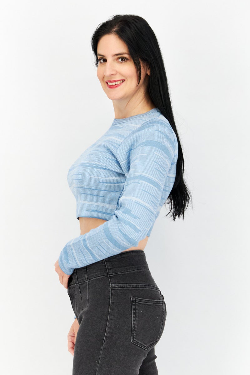 NA-KD Women Crew Neck Fine Knitted Cropped Sweater, Blue - Image 2