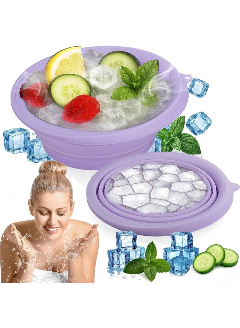 وعاء حمام ثلج للوجه مع صينية مكعبات ثلج مدمجة - وعاء حمام ثلج للوجه قابل للطي من السيليكون للعلاج بالغطس البارد وشد الجلد - أداة سبا محمولة للمنزل والسفر - Image 1