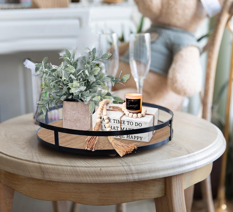 DD DEFINED DECO Defined Deco 12in Decorative Tray-Round Serving Tray with Metal Handle-Decorative Trays for Home Decor,Living Room Decor,Coffee Table Decor,Rustic Wooden Tray for Kitchen Table Decor,Dining Table. - Image 2
