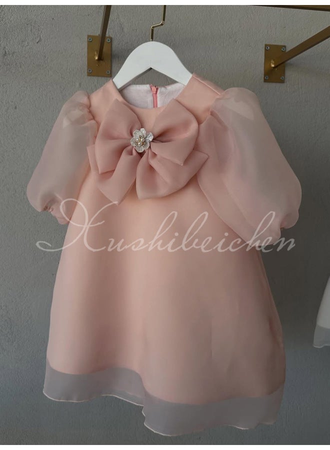 Satin First Birthday Dress For Baby Girls  Spring Three-dimensional Flower Children's Puff Sleeve Solid Color Princess Dress Kids