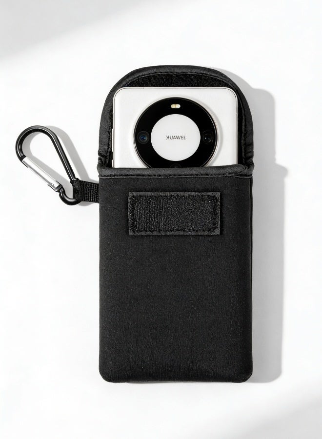 Universal Neoprene Phone Pouch Shockproof Soft Mobile Phone Sock Bag with Carabiner and Neck Lanyard Strap Waterproof Dustproof Protective Sleeve for Hiking Travel Outdoor Daily Use Black Color - Image 3