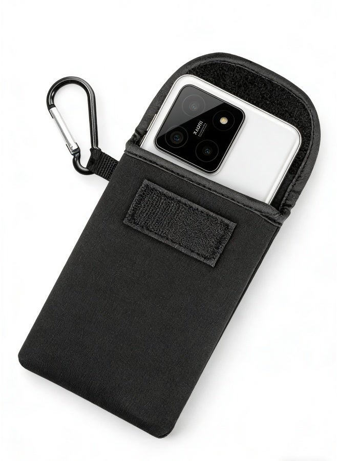 Universal Neoprene Phone Pouch Shockproof Soft Mobile Phone Sock Bag with Carabiner and Neck Lanyard Strap Waterproof Dustproof Protective Sleeve for Hiking Travel Outdoor Daily Use Black Color - Image 5
