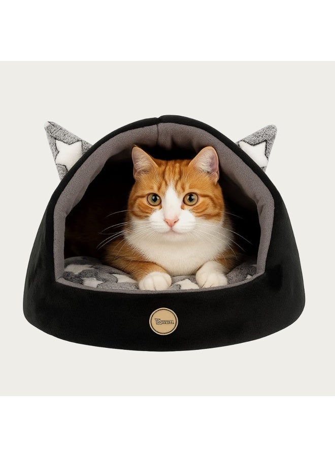 سرير كهف مريح للقطط ببطانة ناعمة – بيت للحيوانات الأليفة بتصميم أذنين لطيف