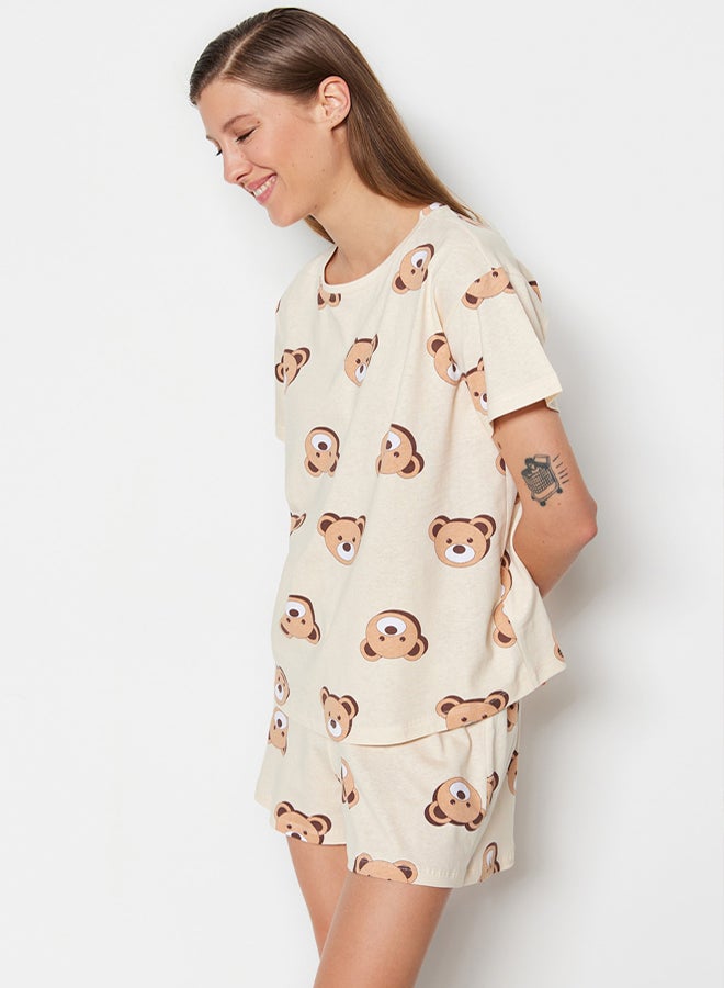 trendyol Ecru 100% Cotton Teddy Bear T-shirt-Shorts Knitted Pajama Set THMSS23PT00005 - Image 2