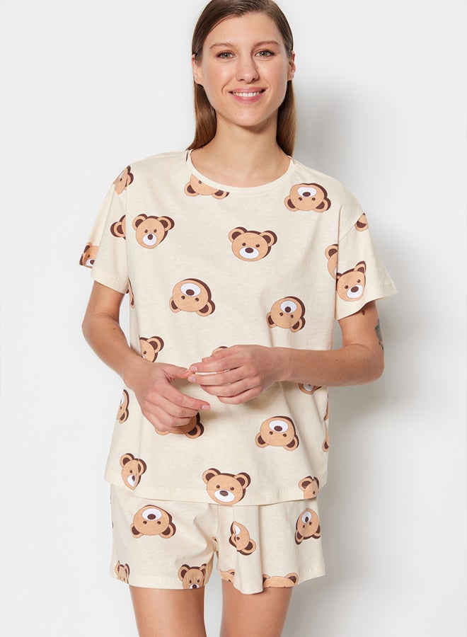 trendyol Ecru 100% Cotton Teddy Bear T-shirt-Shorts Knitted Pajama Set THMSS23PT00005 - Image 3