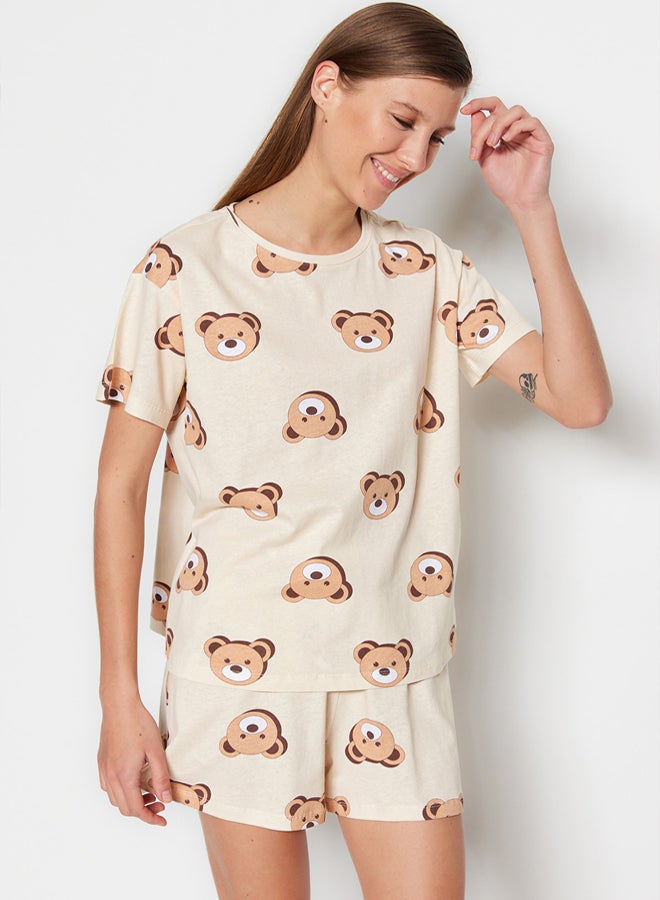 trendyol Ecru 100% Cotton Teddy Bear T-shirt-Shorts Knitted Pajama Set THMSS23PT00005 - Image 1