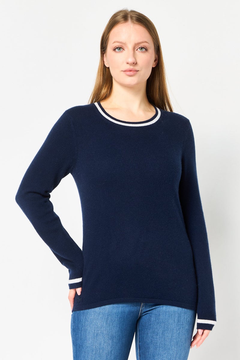 LACOSTE سويت شيرت محبوك بياقة دائرية للنساء، أزرق داكن - Image 1