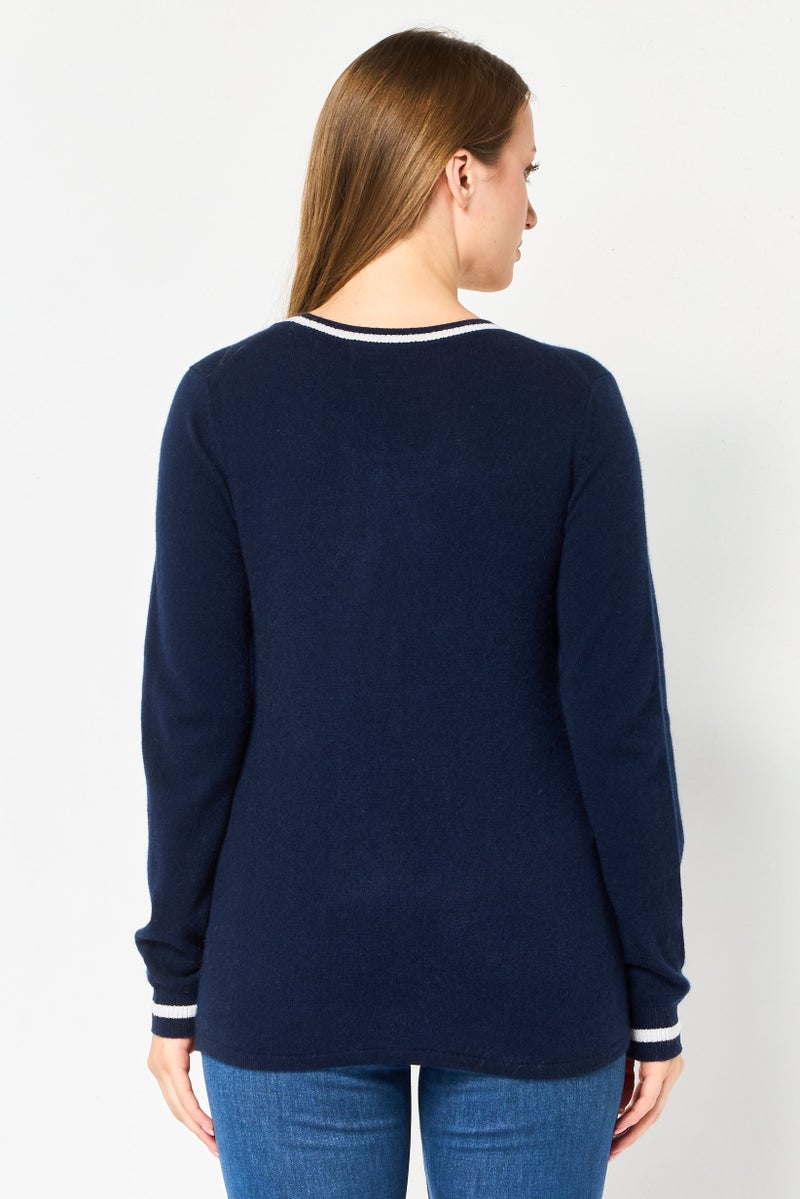 LACOSTE سويت شيرت محبوك بياقة دائرية للنساء، أزرق داكن - Image 4