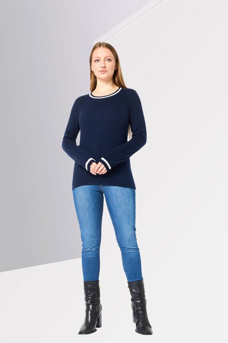 LACOSTE سويت شيرت محبوك بياقة دائرية للنساء، أزرق داكن - Image 2