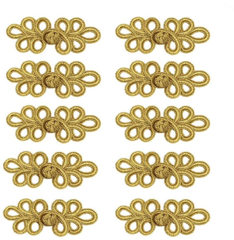EvaGO EvaGO 10 Pairs Chinese Knots Frog Buttons Closure Sewing Fasteners for Sweater Cloak Coats Scarf Cardigan and Costumes Outfit Sewing Gold