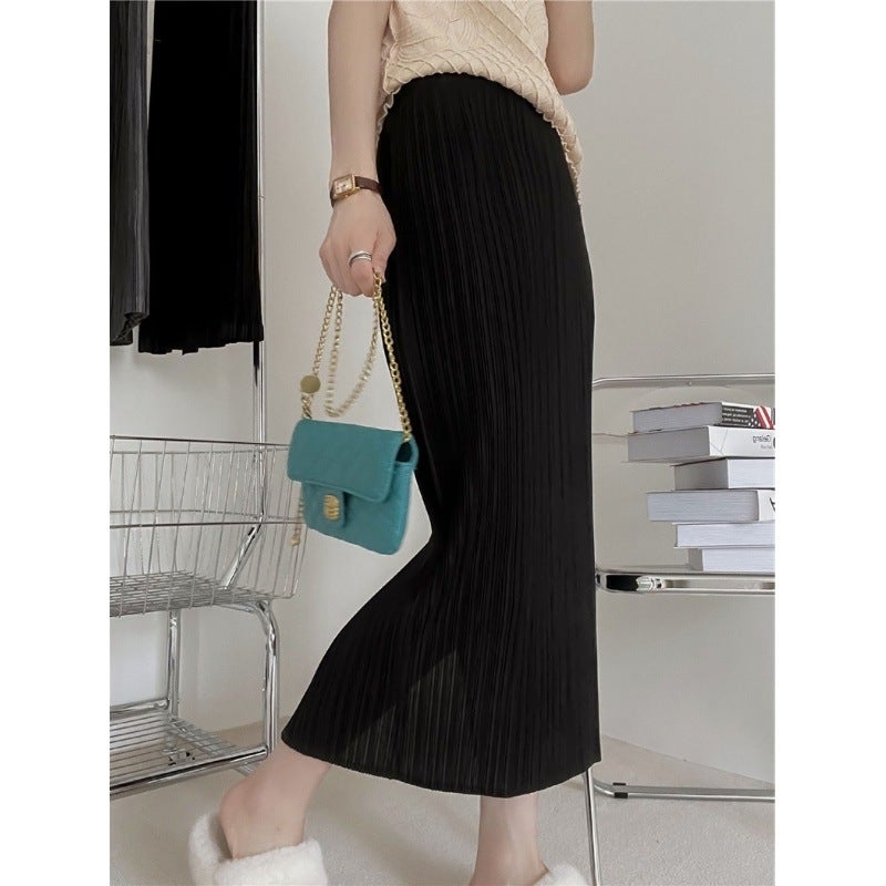 Miyake Pleated Skirt Woman 2024 Autumn Sweater Pair Mid-Length Slit Straight Skirt Black Skirt - Image 1