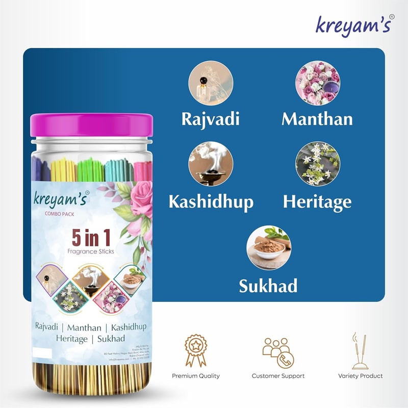 Kreyams Incense Sticks Charcoal Free Dhup Agarbatti for Pooja Gift 5 Fragrance Rose Heritage kashidhup Heritage Sukhad 45 Stick Each Total 225 Sticks - Image 4