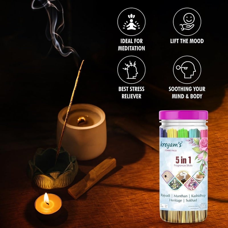 Kreyams Incense Sticks Charcoal Free Dhup Agarbatti for Pooja Gift 5 Fragrance Rose Heritage kashidhup Heritage Sukhad 45 Stick Each Total 225 Sticks - Image 2