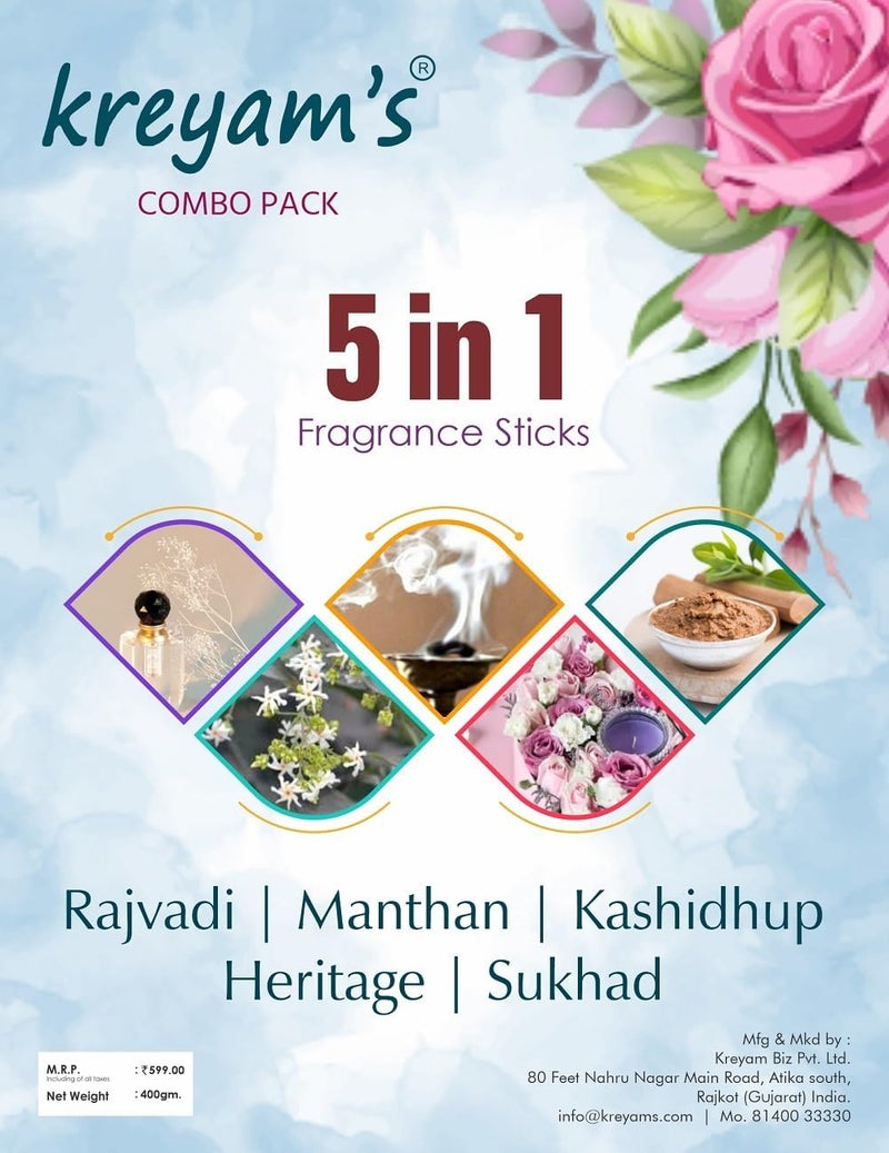 Kreyams Incense Sticks Charcoal Free Dhup Agarbatti for Pooja Gift 5 Fragrance Rose Heritage kashidhup Heritage Sukhad 45 Stick Each Total 225 Sticks - Image 3
